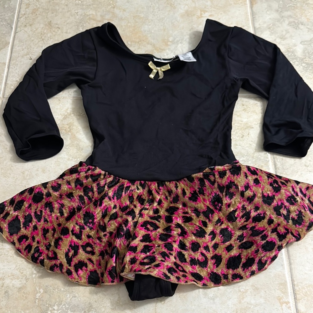 Kids Black Leotard Costume with Pink Leopard Skirt